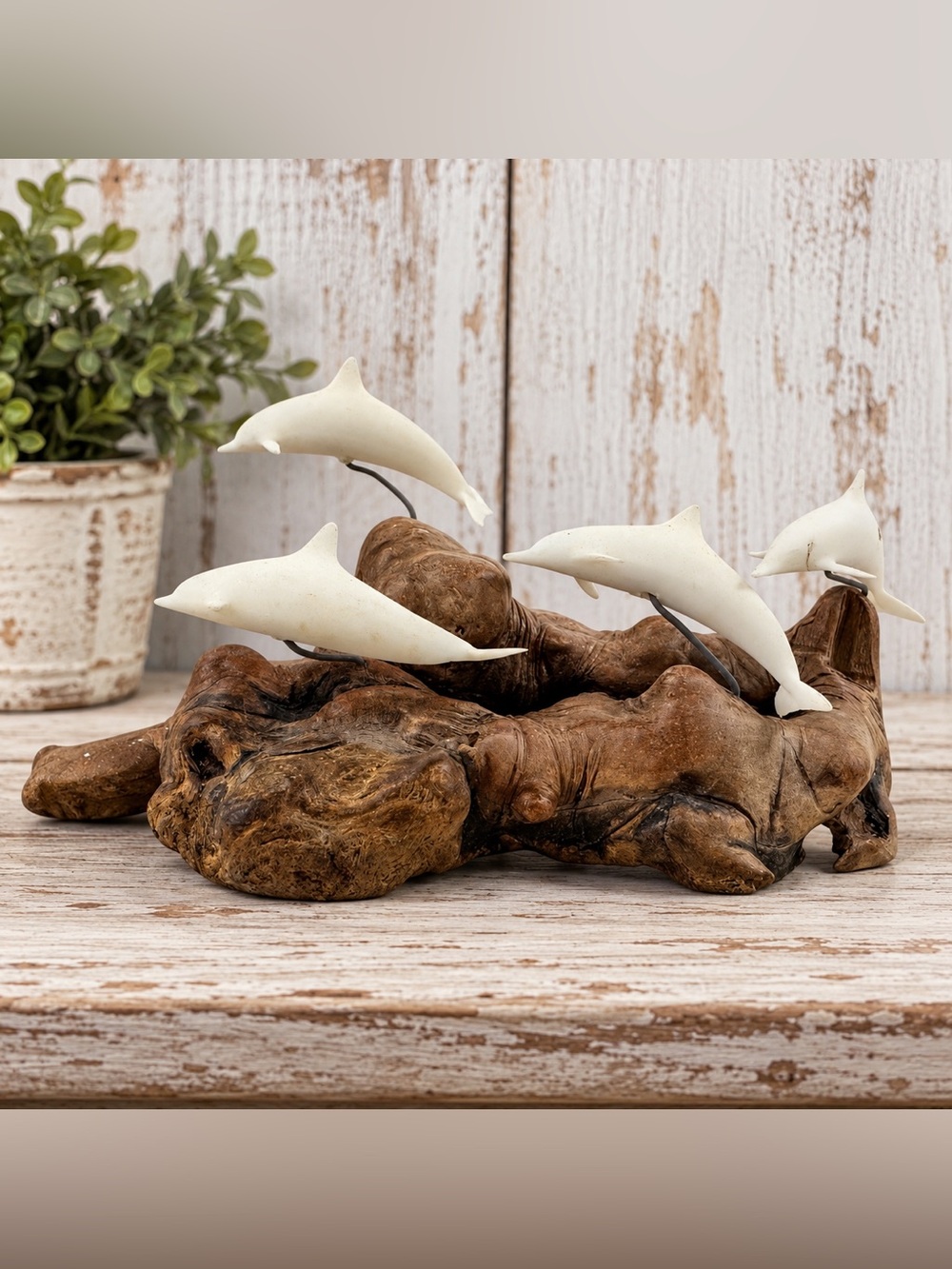 Vintage John Perry 5 Dolphin Sculpture Burl Wood Pellucida Coastal Art